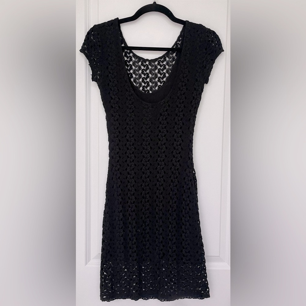 Free People Womens XS Black Crochet Lace Dress Floral Short Sleeve Scoop Back
